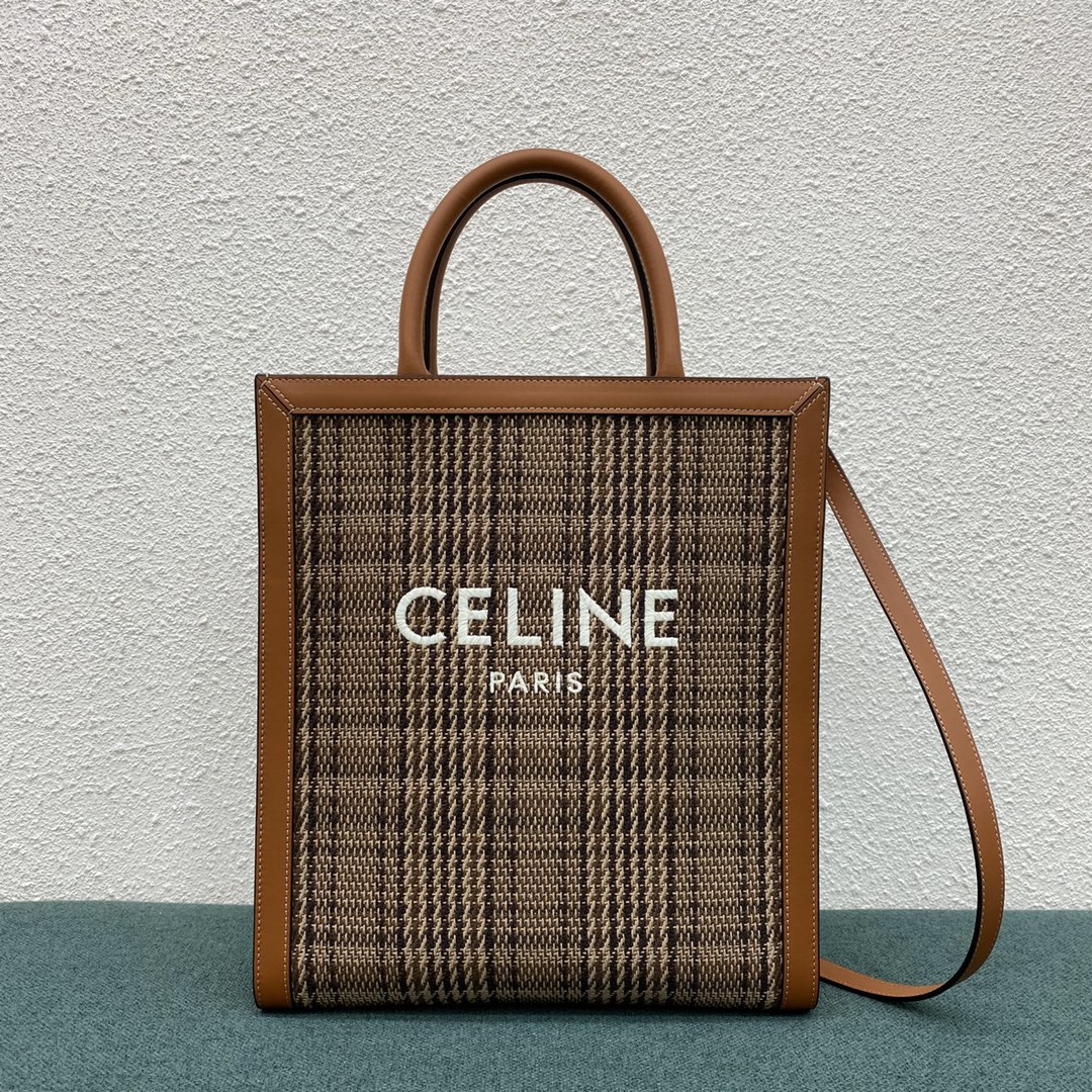 Celine Small Vertical Cabas In Houndstooth Textile With Celine Print And Calfskin Tan 192082